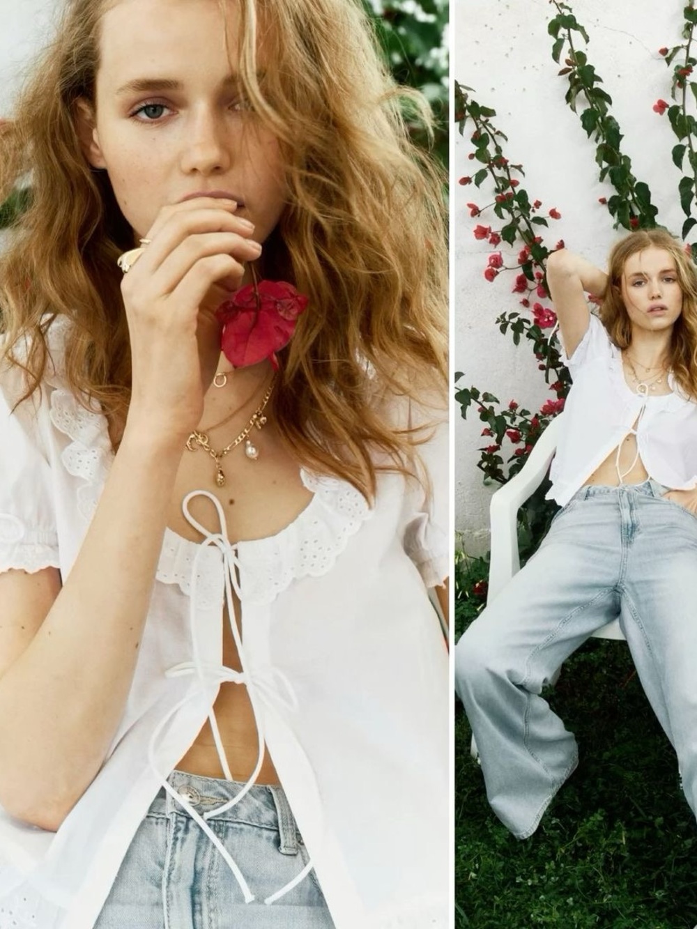 H&M White Ruffled Trim Lightweight Tie-Front Top